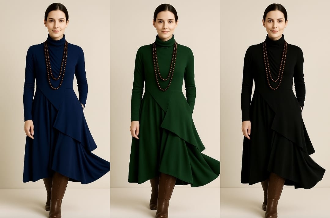 Georgia – Asymmetric Pleated High-Neck Maxi Dress