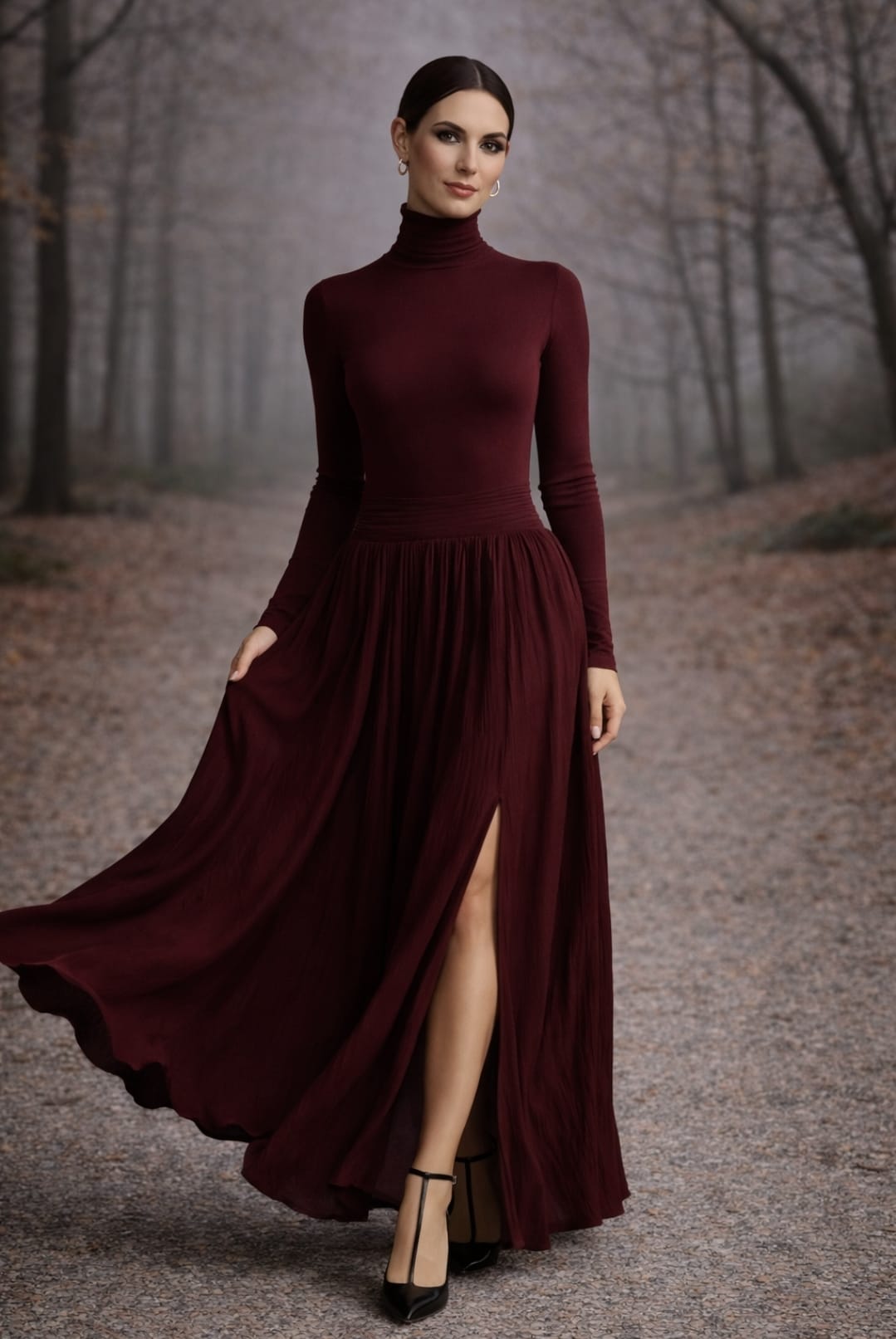 Michaela – Pleated Skirt & Fitted Long-Sleeve Split Top Set