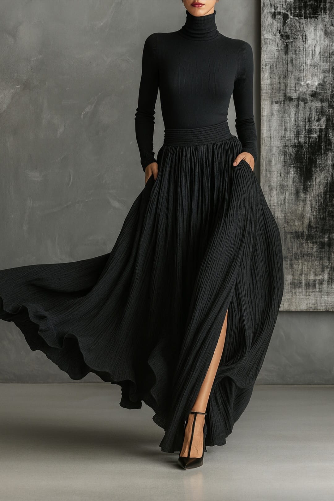 Michaela – Pleated Skirt & Fitted Long-Sleeve Split Top Set