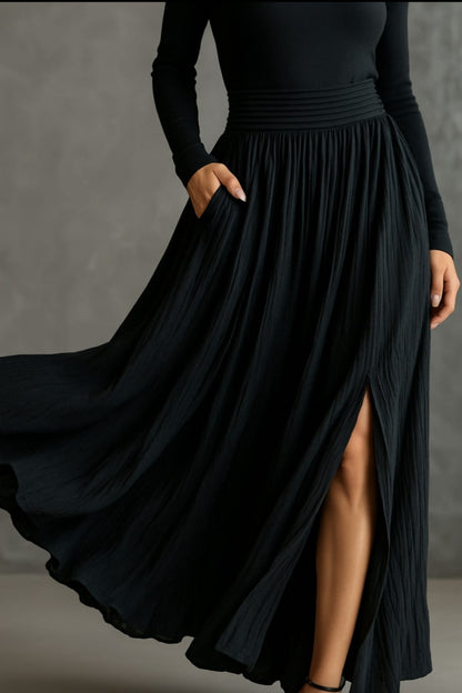 Michaela – Pleated Skirt & Fitted Long-Sleeve Split Top Set