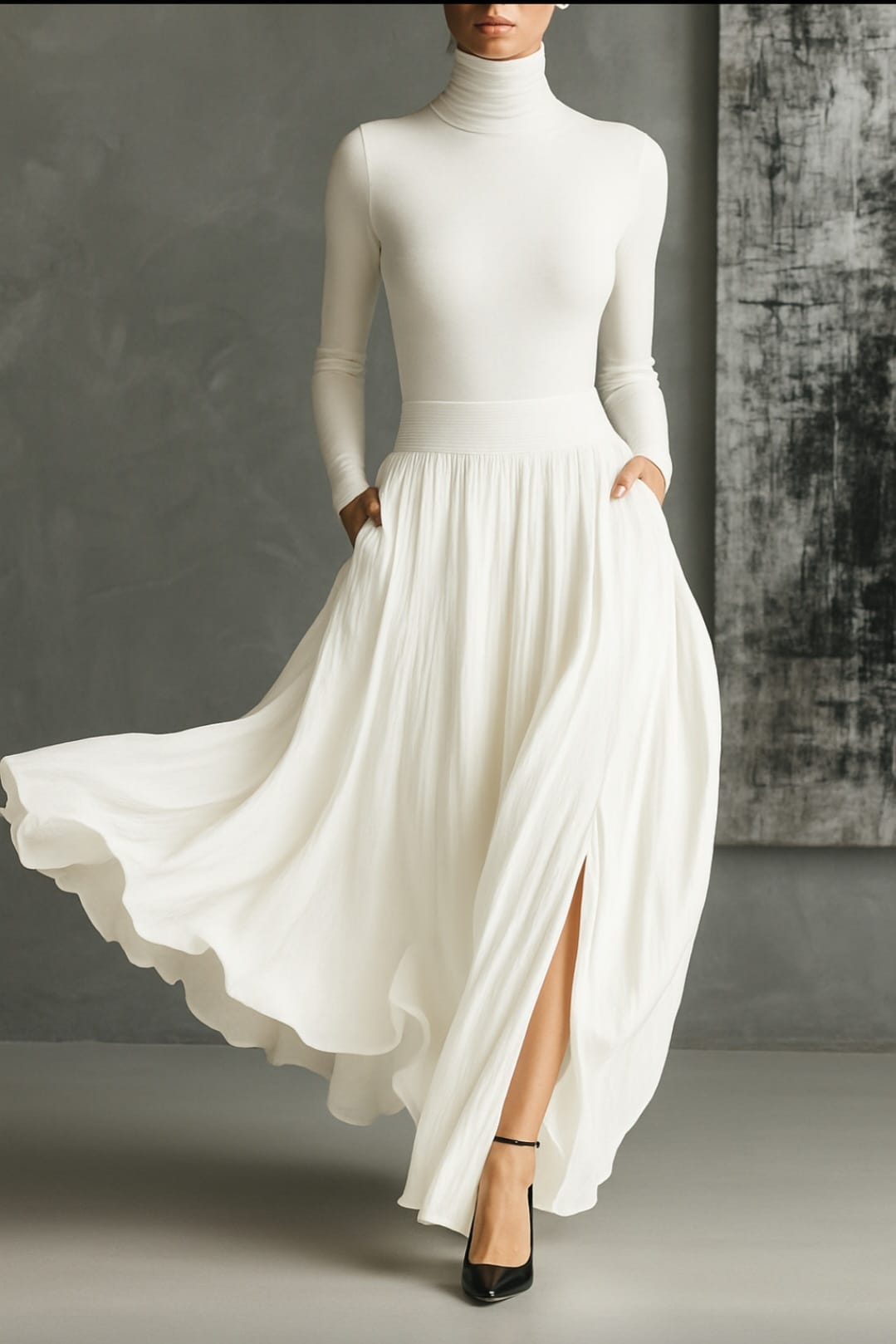 Michaela – Pleated Skirt & Fitted Long-Sleeve Split Top Set