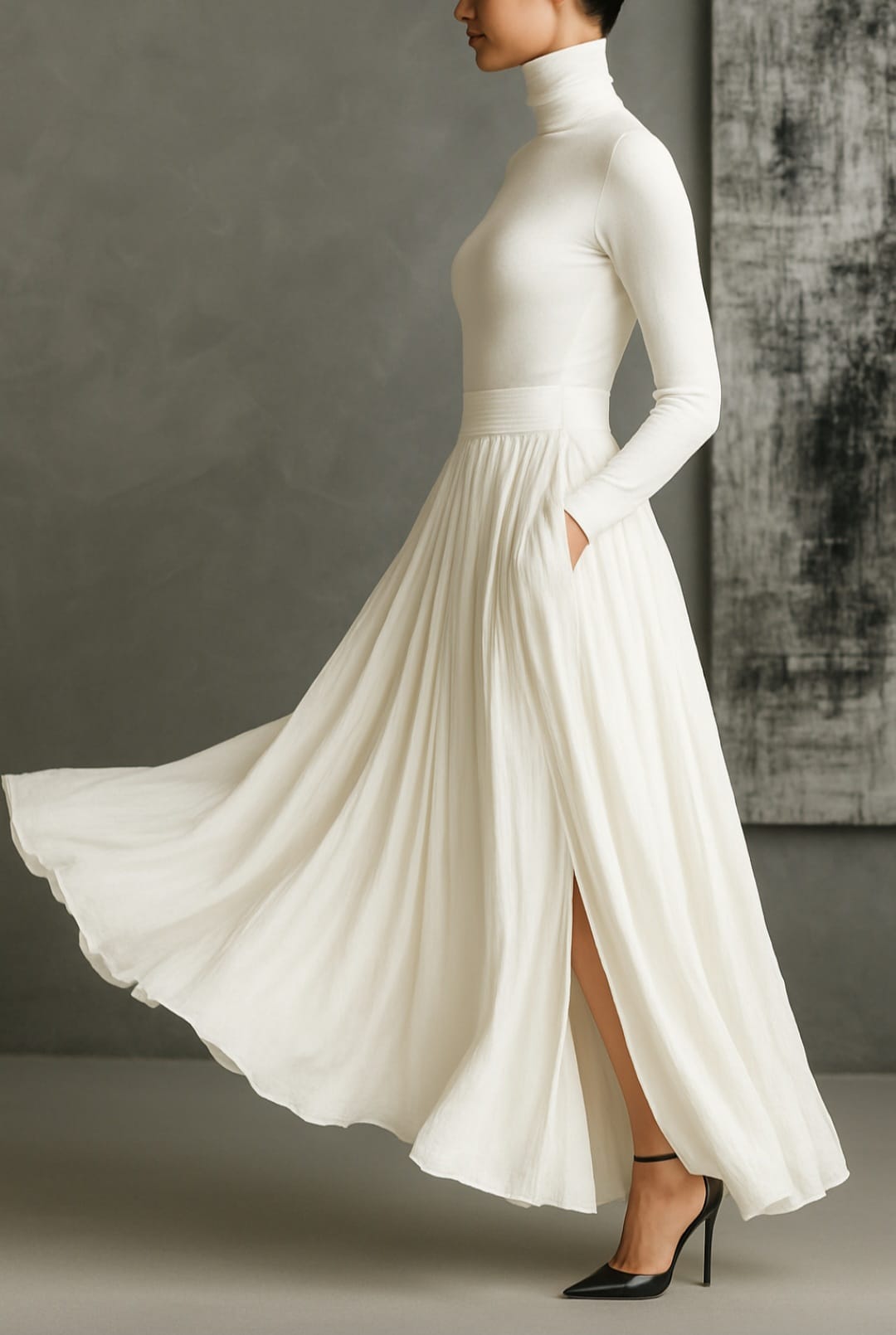 Michaela – Pleated Skirt & Fitted Long-Sleeve Split Top Set