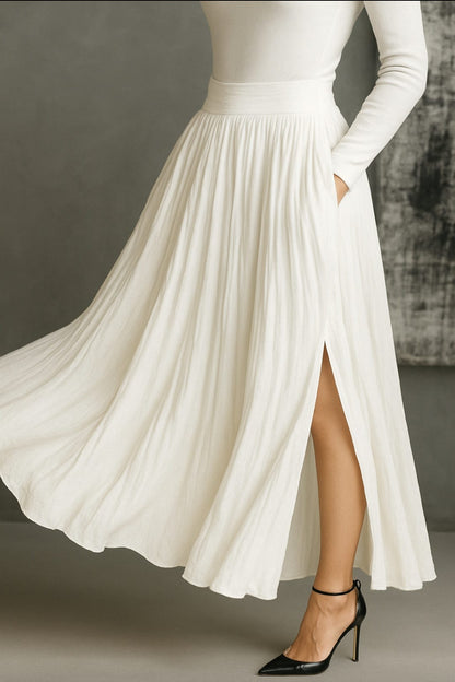 Michaela – Pleated Skirt & Fitted Long-Sleeve Split Top Set