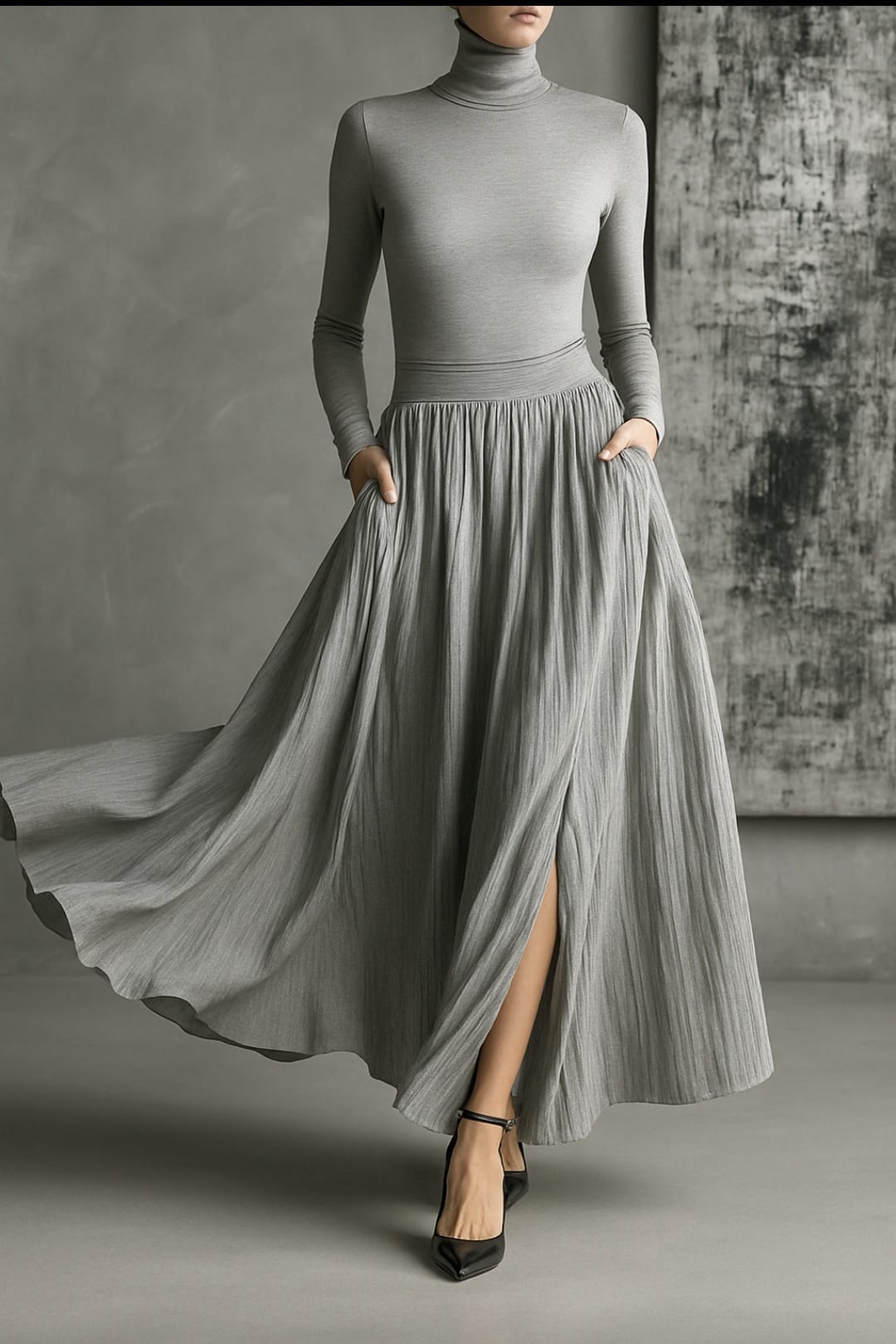 Michaela – Pleated Skirt & Fitted Long-Sleeve Split Top Set