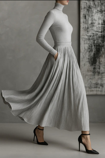 Michaela – Pleated Skirt & Fitted Long-Sleeve Split Top Set