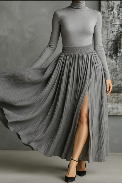 Michaela – Pleated Skirt & Fitted Long-Sleeve Split Top Set