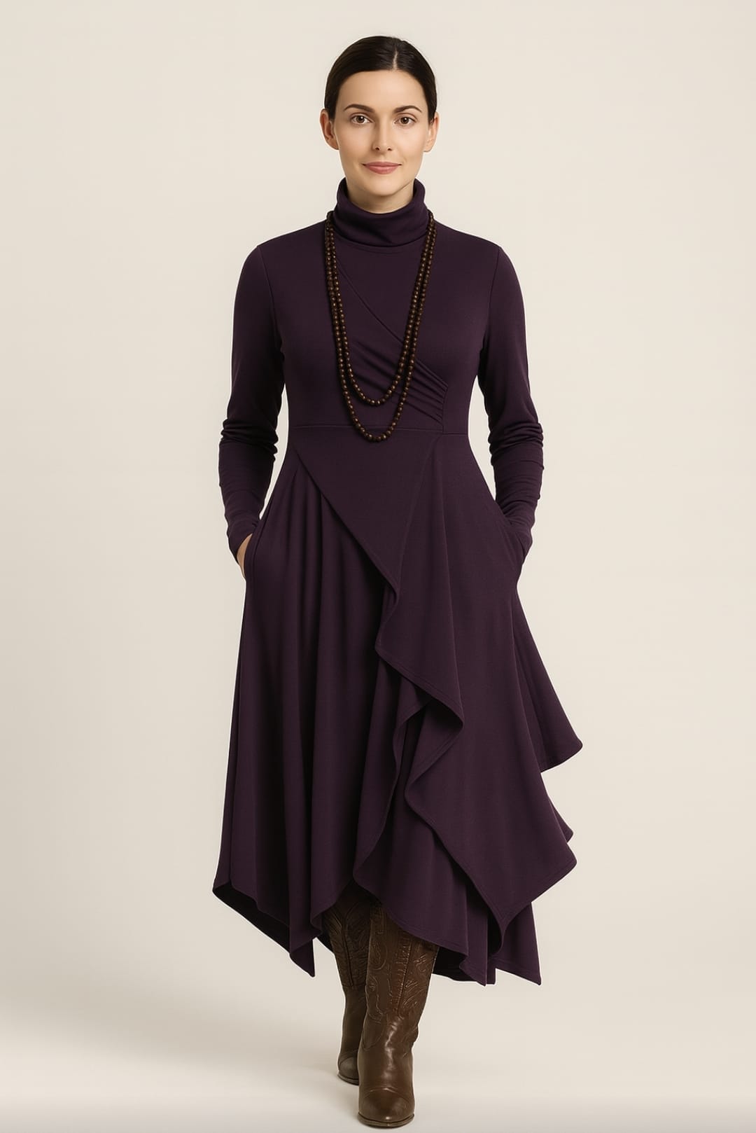 Georgia – Asymmetric Pleated High-Neck Maxi Dress