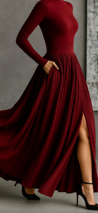 Michaela – Pleated Skirt & Fitted Long-Sleeve Split Top Set