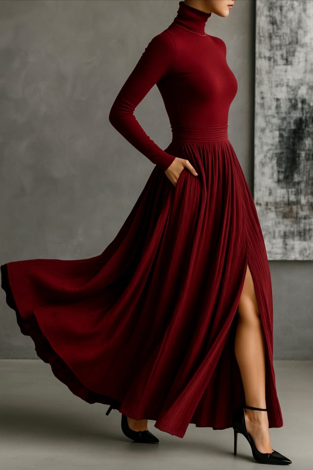 Michaela – Pleated Skirt & Fitted Long-Sleeve Split Top Set