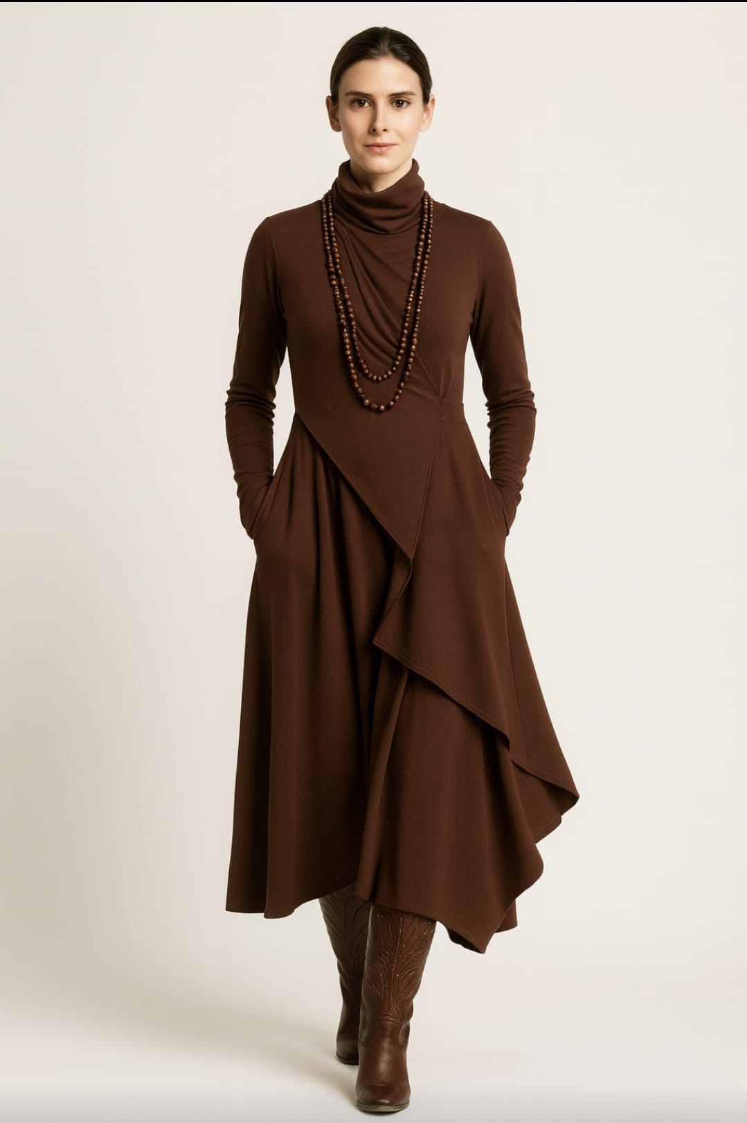 Georgia – Asymmetric Pleated High-Neck Maxi Dress