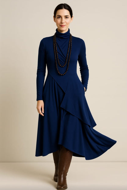 Georgia – Asymmetric Pleated High-Neck Maxi Dress