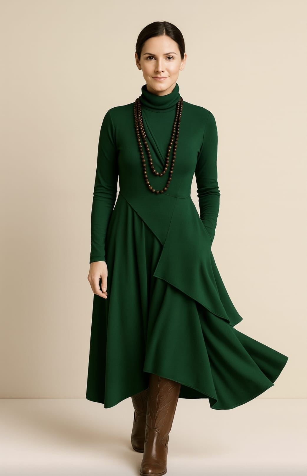 Georgia – Asymmetric Pleated High-Neck Maxi Dress