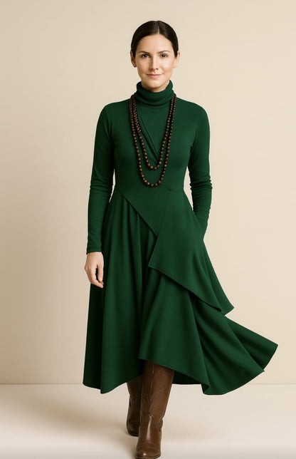 Georgia – Asymmetric Pleated High-Neck Maxi Dress