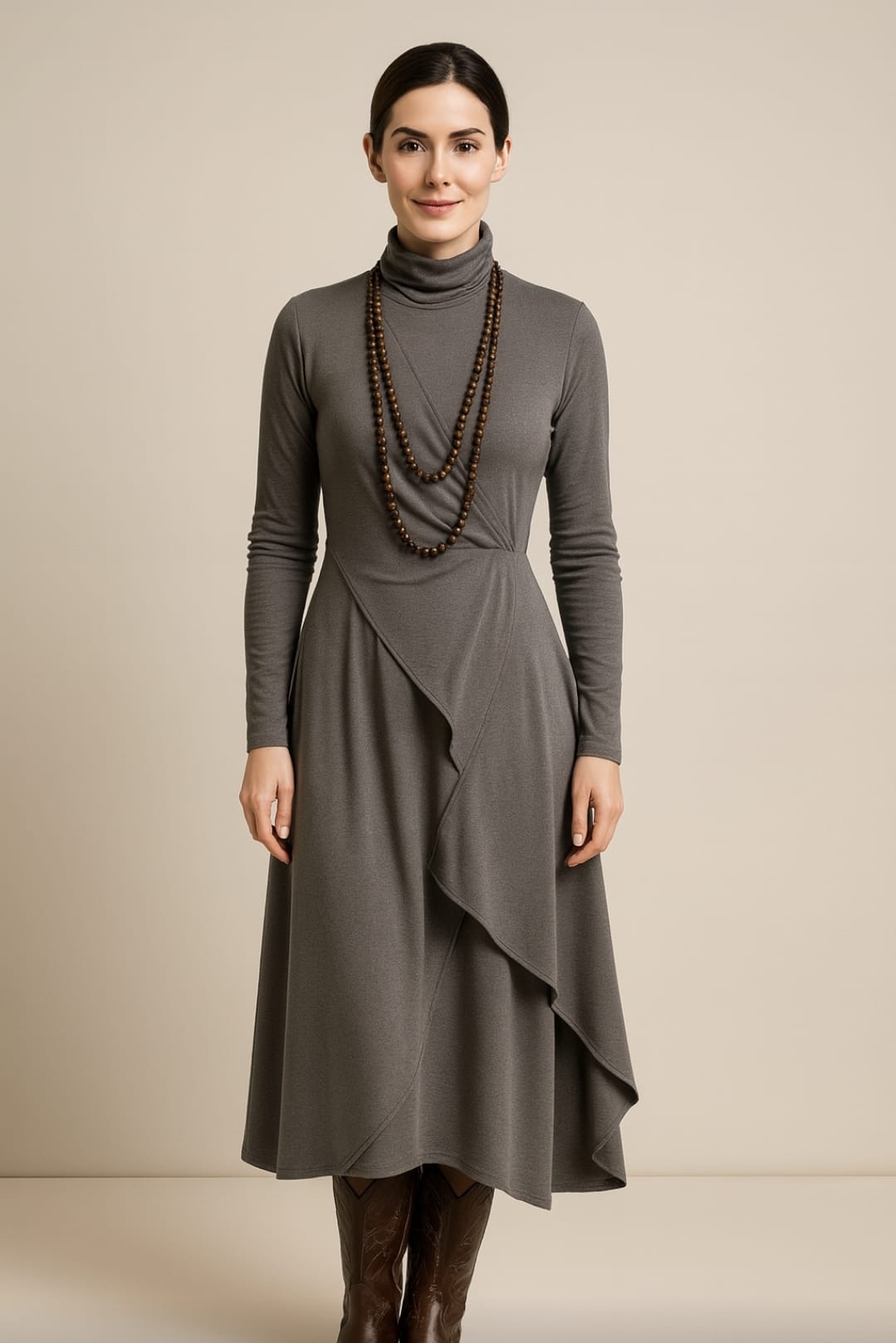Georgia – Asymmetric Pleated High-Neck Maxi Dress