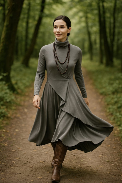 Georgia – Asymmetric Pleated High-Neck Maxi Dress