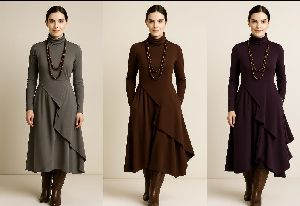 Georgia – Asymmetric Pleated High-Neck Maxi Dress