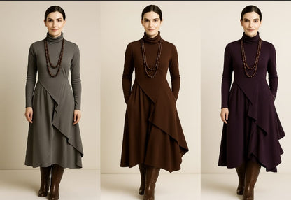 Georgia – Asymmetric Pleated High-Neck Maxi Dress