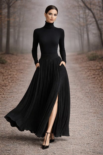 Michaela – Pleated Skirt & Fitted Long-Sleeve Split Top Set