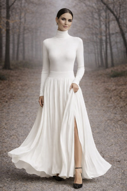 Michaela – Pleated Skirt & Fitted Long-Sleeve Split Top Set