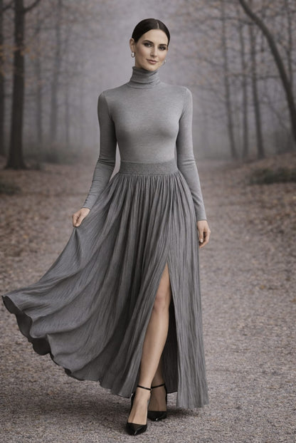 Michaela – Pleated Skirt & Fitted Long-Sleeve Split Top Set