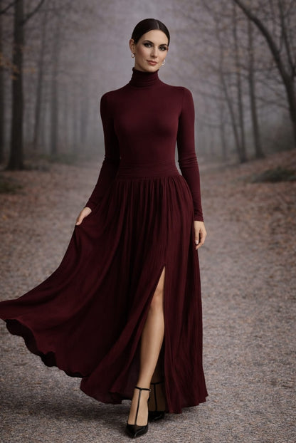 Michaela – Pleated Skirt & Fitted Long-Sleeve Split Top Set